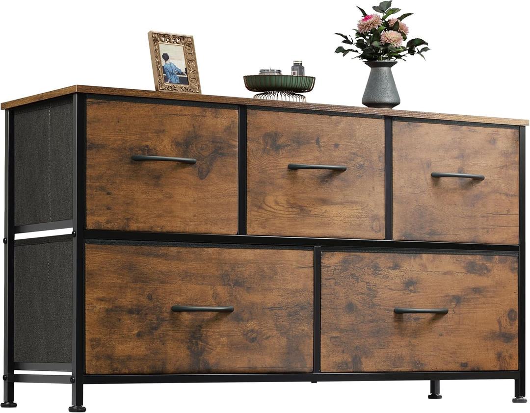 Dresser for Bedroom with 5 Drawers, Wide Chest of Drawers, Fabric Dresser, Storage Organizer Unit with Fabric Bins for Closet, Living Room, Hallway, Rustic Brown Wood