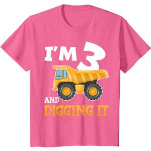 Kids Three 3yr 3rd Birthday Construction Boy 3 Years Old T-Shirt (Red, 3T)