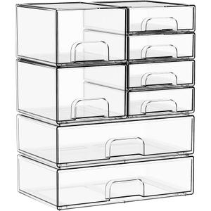 Yieach 8 Pack Clear Stackable Storage Drawers,Acrylic Drawer Organizer for Medicine,Palettes,Hair Accessories and Makeup Organizer,Plastic Drawers for Cabinet,Office,Desk,Bathroom Storage Containers