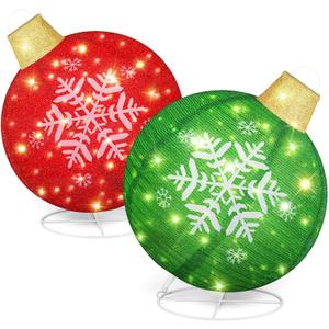 Honoson 2 Pcs Christmas Giant Light Up Ornaments Outdoor 24 Inch Lighted Pop-Up Ball Christmas Ornament Set Large Outside Holiday Christmas Decorations for Yard Lawn(Red and Green,Snowflake)