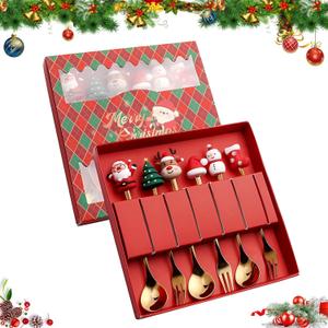 Christmas Forks and Spoons, Gold Dessert Set with 3 Spoons and 3 Forks, Stainless Steel, Gift Box for Festive Celebrations