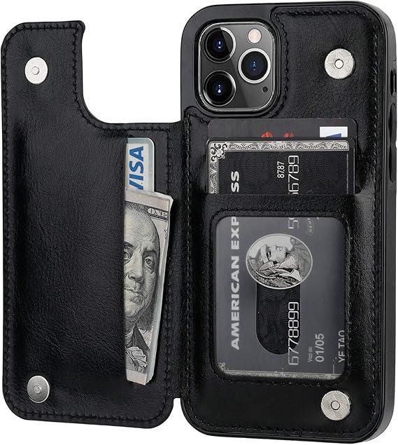 ONETOP Compatible with iPhone 12 Compatible with iPhone 12 Pro Wallet Case with Card Holder, PU Leather Kickstand Card Slots Case, Double Magnetic Clasp Durable Shockproof Cover 6.1 Inch(Black)