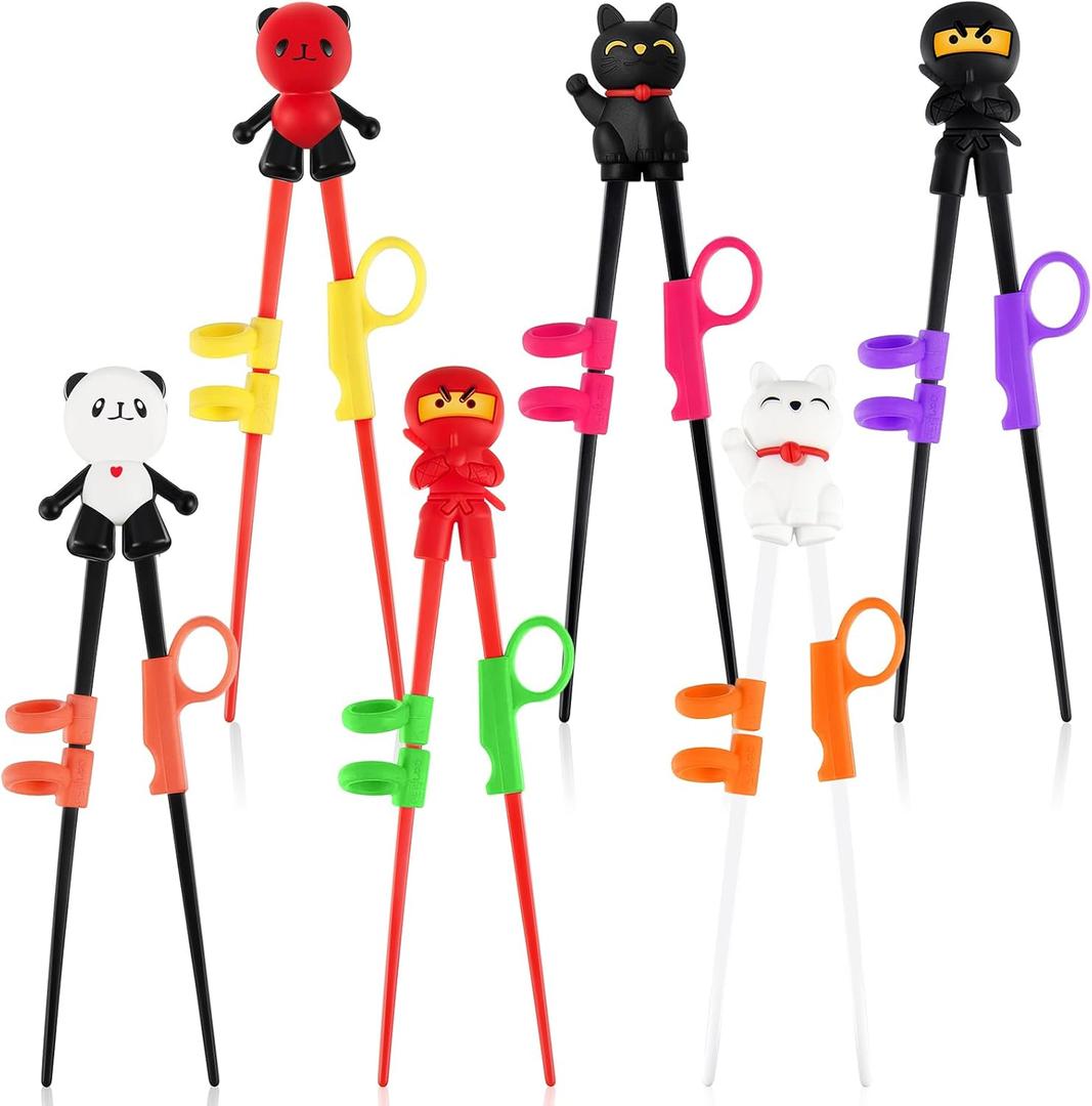 Nuanchu 6 Pairs Training Chopsticks for Beginners, Cute Tableware Reusable Learning Chopsticks for Kids Adults with Attachable Learning Helper, Right or Left Handed, Panda, Ninja and Cat
