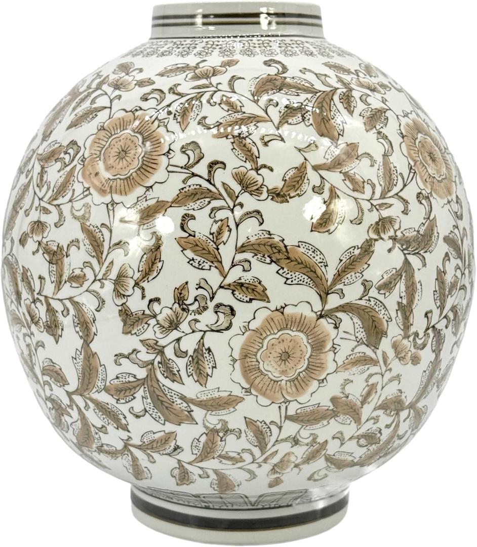 Galt International Brown & White Ceramic Floral Chinoiserie Globe Vase 12" Dia. - Round Bulb Shape Flower Vase Jar Classic Antique Home Decor
