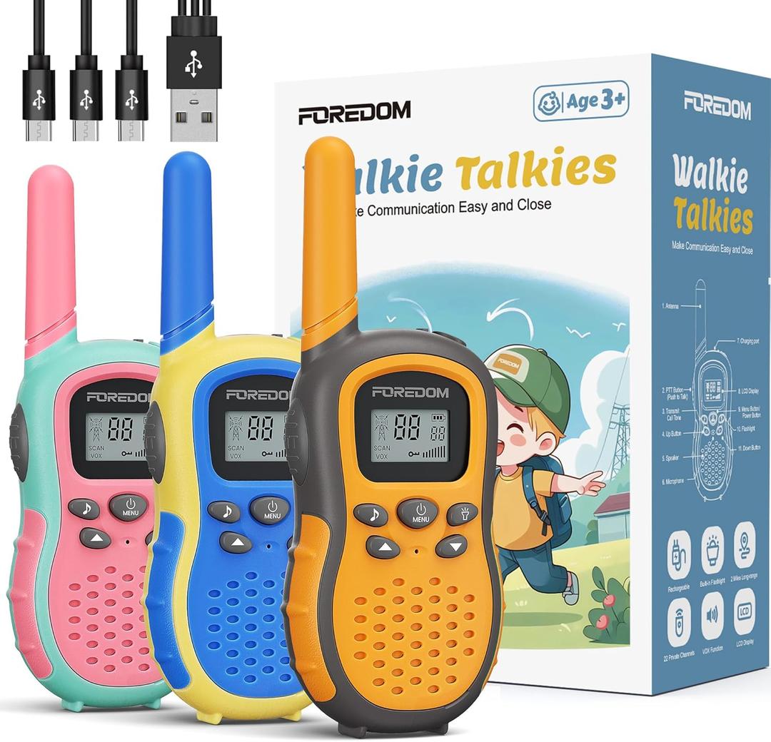 FOREDOM Rechargeable Walkie Talkies for Kids Walkie Talkies Long Range for Boy & Girl Age 3 to 12 Year Old Birthday Toys with Flashlight, 3 Pack