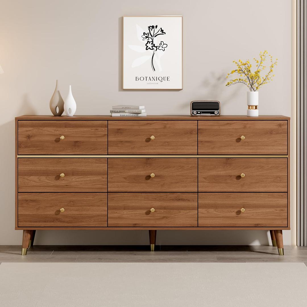 Chrangmay 9 Drawer Dresser,63" Wide Mid Century Modern Chest of Drawers,Wooden Bedroom Drawer Dresser with 9 Storage Drawers for Bedroom, Living Room,with Anti-Tipping Device,Chestnut