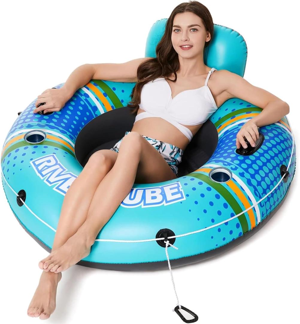 Jasonwell Inflatable River Tube Float - Heavy Duty River Float Pool Floats Lake Premium Water Tubes for Floating Recreational River Raft Lounge Floaties with 2 Cup Holders for Adult (Large, Cyan)