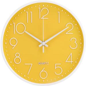 Wall Clock Non-Ticking Silent Modern Simple Style Round Decor Clock Stereoscopic Dial Quartz Wall Clocks for Home/Office/School/Living Room/Bedroom/Kitchen (Yellow, 12inch)