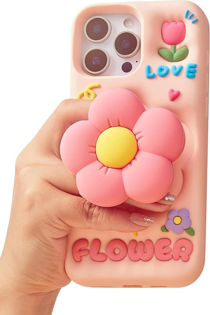 Cute 3D Flower Phone Case for iPhone 13 Pro Max - Retractable Stand & Grip with Floral Design - Girly Aesthetic Kawaii Soft Silicone Phone Cover for Women, Girls, Kids and Teens, Pink