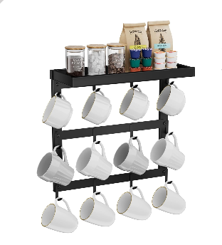 Coffee Mug Rack Wall Mounted, Rustic Metal Mug Holder Organizer with 12 Hooks and Top Shelf Cup Storage Rack for Home Kitchen Coffee Bar Station Mug Display and Collection