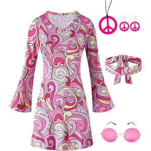 IWALUE Girls Kids 60s 70s Hippie Costume Dresses Disco Halloween Retro Outfit, (Pink, 5-6Y)