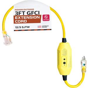 IRON FORGE CABLE 3 Foot Lighted Outdoor GFCI Extension Cord - 12/3 SJTW Heavy Duty Yellow Pigtail Extension Cable with 3 Prong Grounded Plug for Safety, 15 AMP