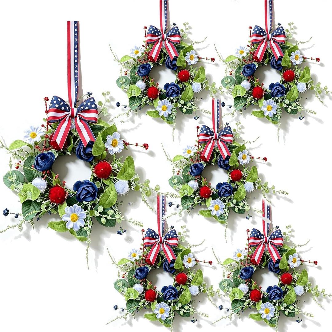 2 x 6 Pcs Mini 4th of July Hanging Wreaths for Cabinets with Navy Blue Rose and White Daisy Flowers Artificial Small Independence Day Candle Holder Wreath with Red Stripes for Front Door Window Porch Wall