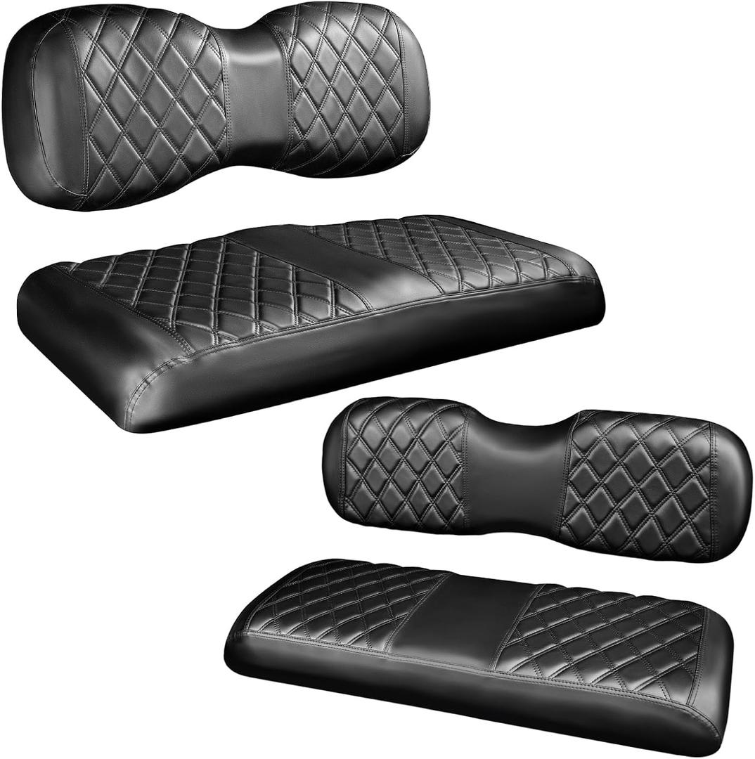 NOKINS 4PCS Golf Cart Diamond Seat Covers Kit,Front and Rear Seat Covers for Club Car Precedent/EZGO TXT/Yamaha Original Regular Seat Cushion (Black&Black Stitching, Fit Yamaha Drive/Drive 2)