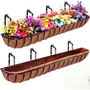 Tessco for you 2 Pack 48 Inch Window Baskets with Coconut Liner 4 Adjustable Flower Brackets Window Deck Planters Boxes Railing Planter Metal Hanging Flower Planter for Indoor Outdoor Lawn