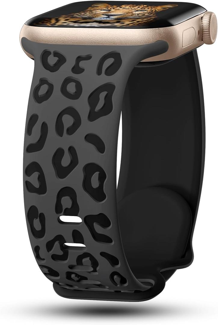 CreateGreat Engraved Leopard Bands Compatible with Apple Watch Band 40mm 41mm 38mm 42mm 44mm 45mm 46mm 49mm Women, Silicone Cheetah Designer Strap for iWatch Series 10 9 8 7 6 5 4 3 2 SE Ultra