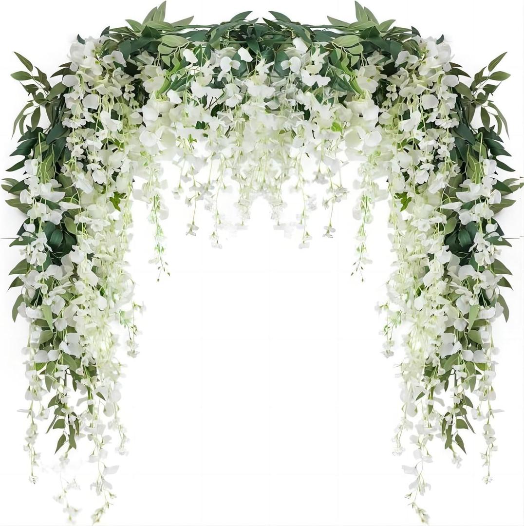 JUSTOYOU 3PCS 7FT 12 Stem Artificial Wisteria Vine Garland Fake Flower Wisteria Garlands for Outdoor Indoor Wedding Wall Badroom Decoration(White)