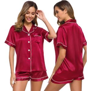 SWOMOG Womens Silk Satin Pajamas Set Short Sleeve Sleepwear Button Down Top and Shorts Loungewear 2 Piece Pjs Set small