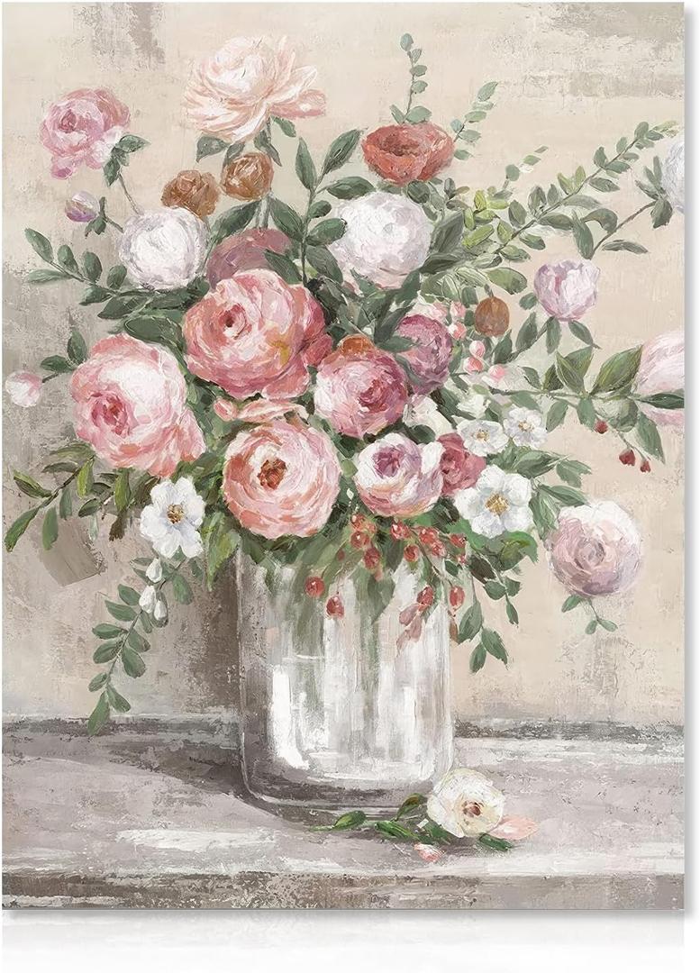 Dazzlewall Vintage Floral Canvas Wall Art Farmhouse Still Life Posters Rustic Pink and White Flower Vase Prints Botanical Oil Painting for Bathroom Bedroom Living Room 12x16in Unframed