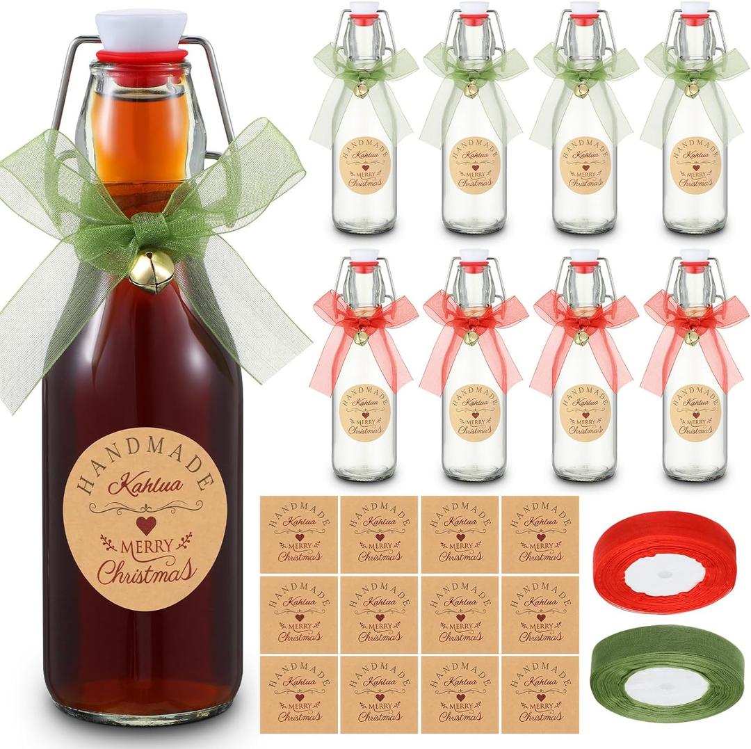 Nuogo 8 Pcs Swing Top Glass Bottles For Kahlua Extract Homemade 8oz 8 Pcs Labels Clear Flip Top Glass Beer Bottles with Caps and Cotton Twines for Home vanilla Beer Kombucha Soda Fermentation Supply