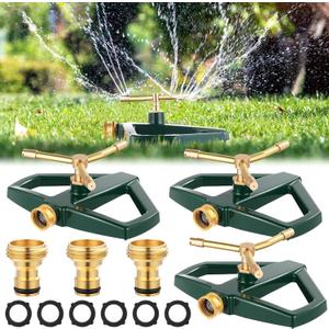 3 Sets Rotating 360 Degree Swivel Garden Sprinkler Pulsating Impact Sprinkler with Metal Base, Heavy Duty Adjustable Garden Hose Sprinklers System for Large Area Lawn Yard(3 Arm Rotating)