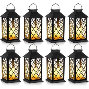 8 Pack Solar Hollow Lanterns Outdoor, Waterproof Patio Hanging Lanterns with LED Flickering Flameless Candle Lights, Decorative Solar Lantern for Porch, Garden, Patio, Yard, Table