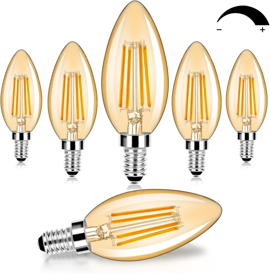 6-Pack Dimmable E12 LED Candelabra Bulbs 60W Equivalent, 2200K Amber Warm White, 600 Lumens B11 Candle Base 6W C35 LED Filament Vintage Light Bulbs, Amber Glass for Chandelier Ceiling Fan High CRI 90+