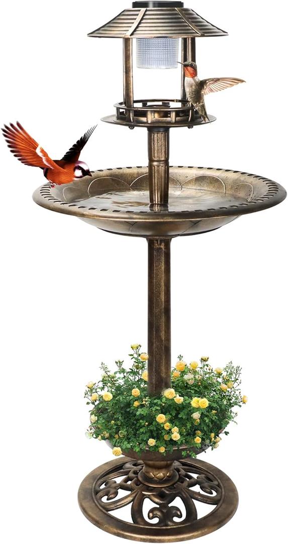 Bird Bath with Solar Light&Feeder& Planter Pedestal,Copper Bird Baths for Outdoors Garden,Yard,Patio,Lawn(41in High)