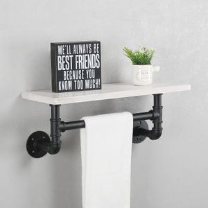 MBQQ Industrial Pipe Shelf Bathroom Shelves Wall Mounted,19.6in Rustic Wood Shelf with Towel Bar,1 Tier Farmhouse Towel Rack,Pipe Shelving Floating Shelves Towel Holder,Black & White
