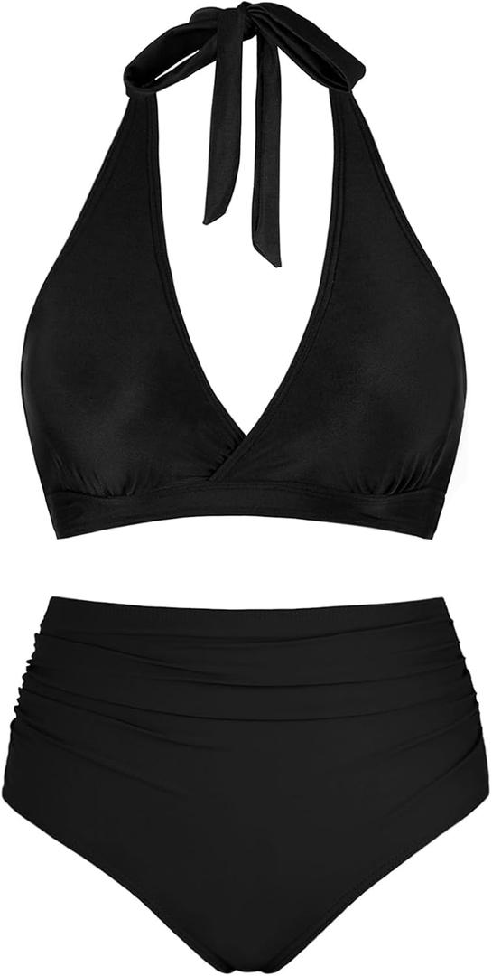 Women's Halter Bikini Sets High Waisted Tummy Control Swimsuit V Neck Push Up Bathing Suits (Black, M)