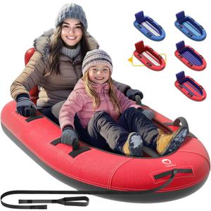 QPAU Snow Sled with Premium Canvas Cover, 2 Person Inflatable Heavy Duty Snow Tube with Reinforced Handles, Snow Sleds for Kids and Adults, Winter Toboggan Outdoor Toys Gifts for Family (Red&Red)