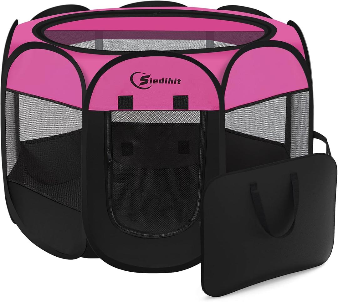 Dog Playpen, Small Dog Crate for Indoor Outdoor Travel Camping Use, Foldable Pop Up Pet Kennel Playpen with Carring Case, Removable Top, Exercise Pen Tents for Pets/ Dogs/ Cats/ Rabbits (Medium, Rose)