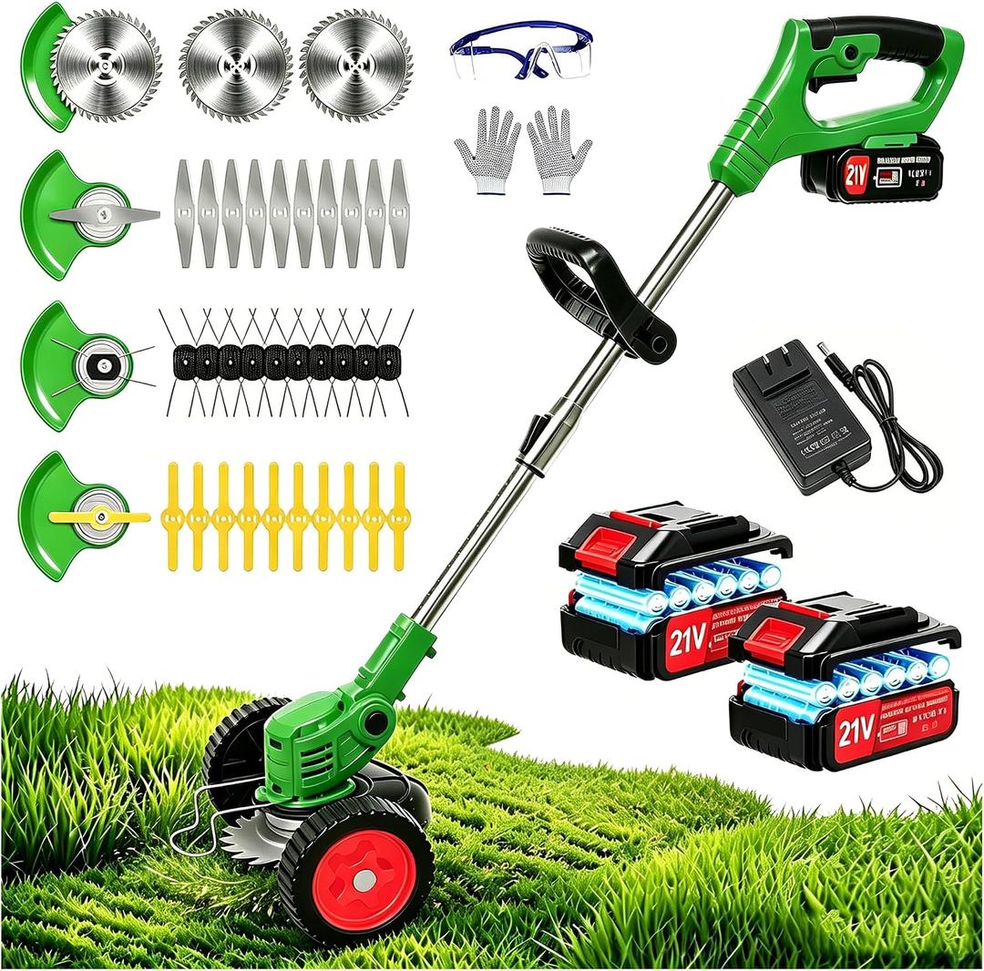 21V Electric Weed Wacker, Cordless Weed Eater Battery Powered, Lightweight Stringless Weed Trimmer with 2 Battery Operated & Wheels, 4 in 1 Grass Trimmer/Brush Cutter/Lawn Edger/Mower for Garden Yard