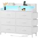 Lulive White Dresser for Bedroom 6 Drawers - Fabric Dressers for Bedroom with LED Light & Charging Station - Adults Chest of Drawers for Living Room Hallway Closet (White)