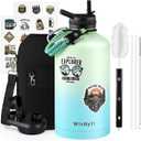 One Gallon Water Bottle Insulated, Triple Wall Vacuum Cold for 48 Hrs & Leak-proof & Non-BPA, 128oz Large Sports Stainless Steel Water Jug with Paracord Handle Straw Spout Lids & DIY Stickers (Green Cyan)