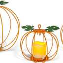 Halloween Metal Pumpkin Candle Holder, 3 Pcs Light up Orange Pumpkin Lantern with LED Flickering Yellow Candle Lights Build in Timer for Thanksgiving Halloween Harvest Fall Home Decor