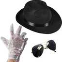Funny Party Hats Michael Jackson Costume - Set of 3 - Fedora Hat, Sequin Glove, and Sunglasses (Fedora, Black, One Size)
