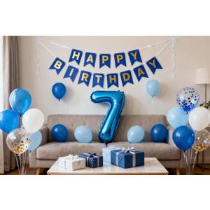 7th Birthday Decorations Blue Gold for Boys Girls, Number 7 Foil Balloons with Happy Birthday Banner for 7 Years Old Party Supplies Boys and Girls Blue Gold Themed Party (7th)