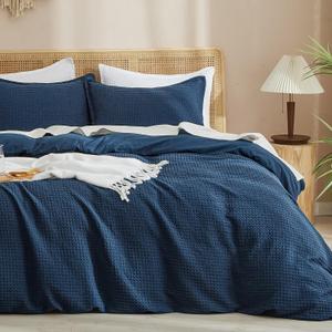 PHF Waffle Weave Duvet Cover California King, No Snagging Ultra Soft Luxury Textured Breathable Comforter Cover for All Season 3pcs, Durable Bedding Duvet Set with 2 Pillow Shams, 104"x98", Navy Blue