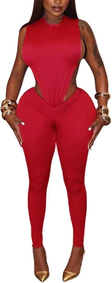 Sexy 2 Piece Sets for Women Sleeveless Hollow Out Bodysuit Top Bodycon Ruched Leggings Set Jumpsuit Club Outfits (Red, XXL)