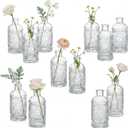 Kingrol 12 Pack Mini Glass Bud Vases, Small Clear Flower Vases for Single Stems, 4.9 Inch Vintage Embossed Bottles for Home Shelf, Bathroom & Desk Decor