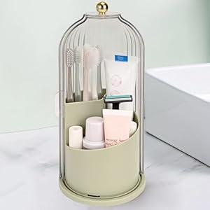QIYVLOS Toothbrush Holders with Sliding Lid, Rotating 3 Slots Bathroom Organizer Countertop, Tooth Brush Toothpaste Holder Bathroom Counter Stand Sink Organizer Caddy for Makeup Brushes Holder (Green) 