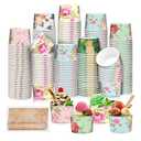 120 Pack 8 oz Floral Ice Cream Cups with Spoons Paper Disposable Sundae Dessert Bowls Tea Party Treat Snack Cups for Hot or Cold Food Soup Yogurt Cupcake Wedding Bridal Shower Summer Grad Party