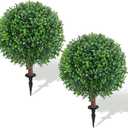 25" Artificial Boxwood Topiary Ball Tree with Ground Plugs [Set of 2] UV Protected Artificial Shrubs, Fake Evergreen Artificial Plants for Indoor and Outdoor Porch Garden