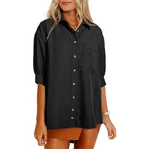 Astylish Women 2025 Denim Shirt Summer Oversized Short Sleeve V Neck Button Down Chambray Blouse Top with Pocket (Small, Black)
