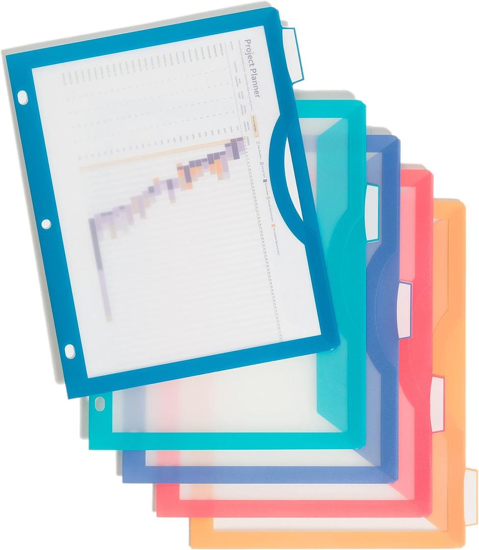 U Brands Poly 5-Tab Three Ring Binder Dividers with Tabs and Pockets, Clear View, 2 Sets, Assorted Brights, 3-Hole Punched Pocket Dividers