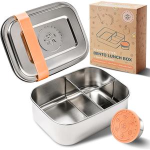 Everusely - Bento Box for Kids - Orange, 6.5x4.7 / 27oz - Stainless Steel Lunch Box w/Leakproof Condiment Container - 3 Compartment Snack Box for School, Office Meals - Freezer & Dishwasher Safe