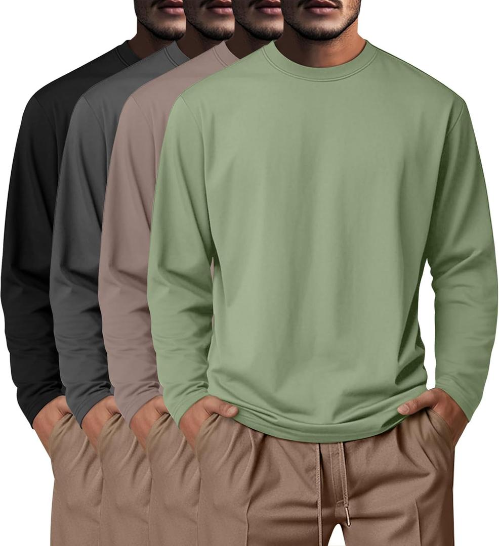 Neer 4 Pack Mens Big and Tall Shirts Cotton Long Sleeve Crewneck Casual Tops Plus Size Basic Tee Shirts Multipack (X-Large, Black, Dark Gray, Khaki, Bean Green)