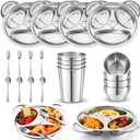 Jinei 20 Pieces Kids Stainless Steel Utensils Set Include 4 Panda Shaped Plates, 4 Bowls, 4 Cups, 4 Spoons, and 4 Forks, Stainless Steel Dinnerware Set for Toddler Utensils silverware