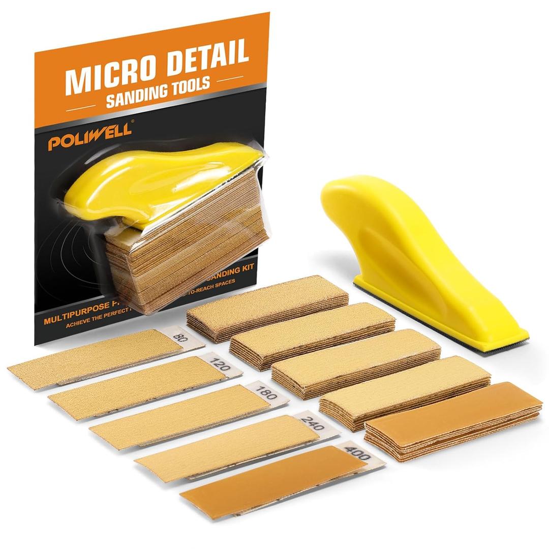 POLIWELL Micro Sander Kit 3.5 x 1 Mini Sander for Small Projects, Detail Handle Sanding Tools + Sandpaper 80 120 180 240 400 Grit for DIY Crafts Wood Finishing Tight Narrow Spaces Polishing, 50 PCS